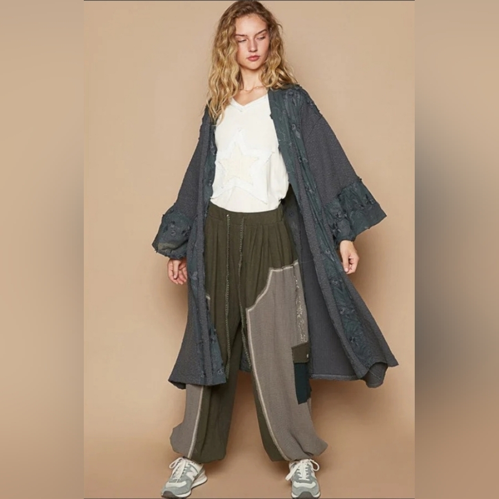 NEW!!!! POL Gray and Green Floral Kimono Long Coat,Sz SM/MED, MED/LRG, NWT